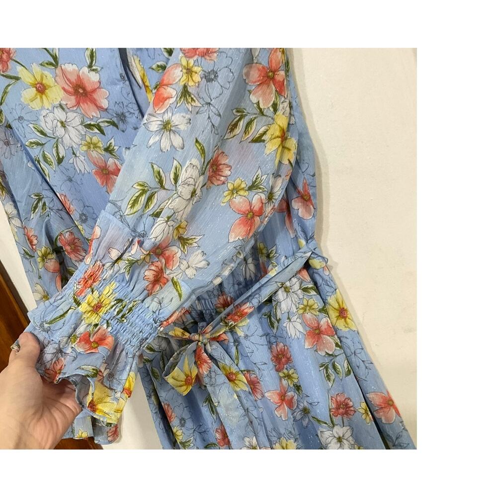 Calvin Klein Blue Belted Ruffle Hem Floral Dress Size 12 Large Gathered Sleeves - Picture 5 of 8